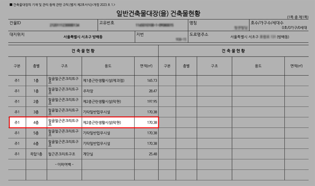 건축물대장 학원