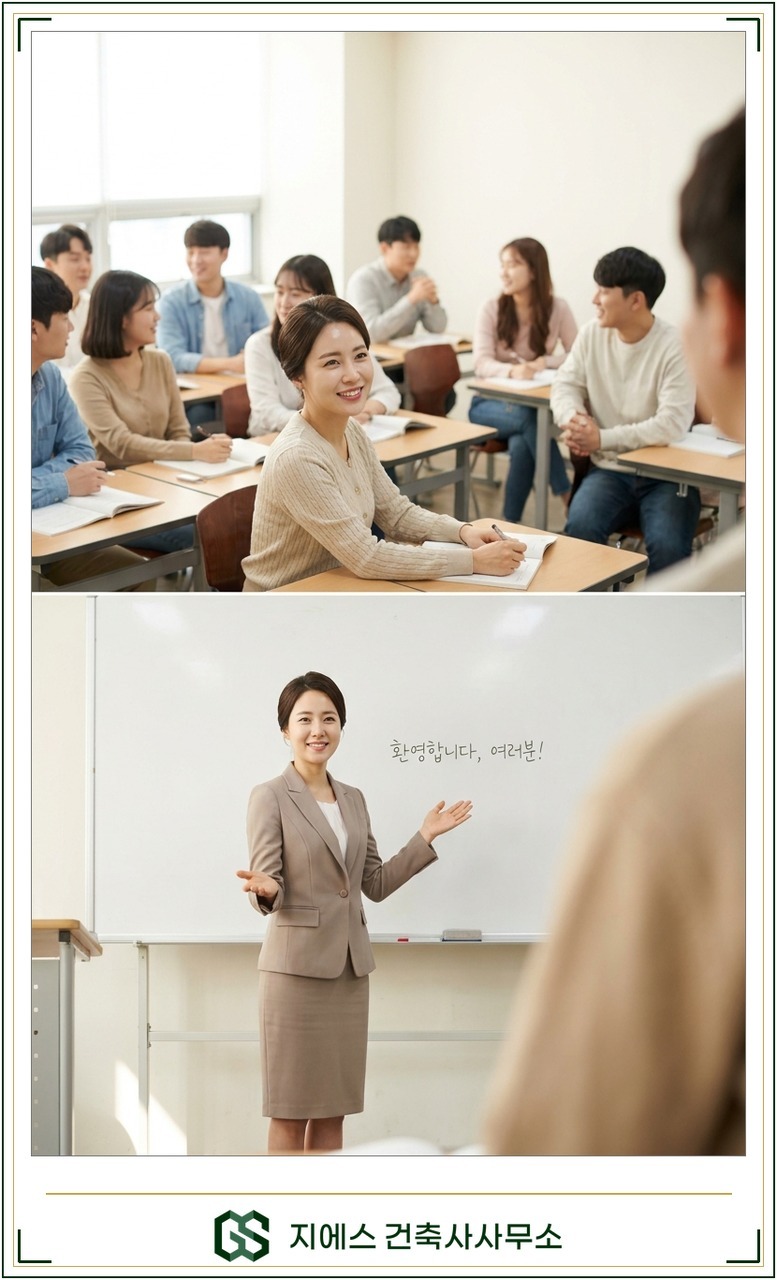 용도변경을 마치고 밝게 개원한 학원에서 환하게 웃는 원장