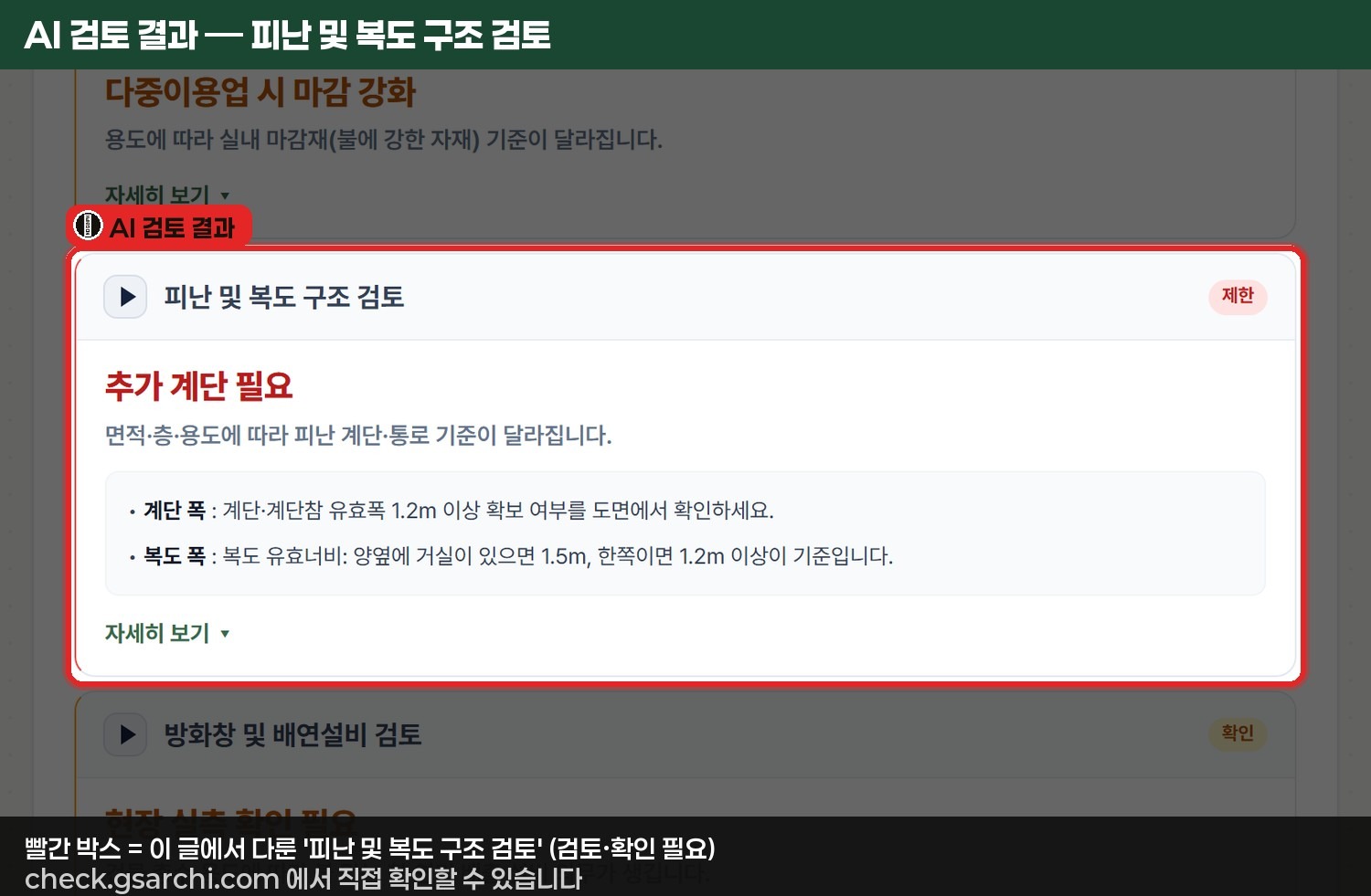 check.gsarchi.com의 AI 검토 결과 중 피난 및 복도 구조(직통계단) 항목이 추가 계단 필요로 표시된 화면을 빨간 박스로 강조한 모습