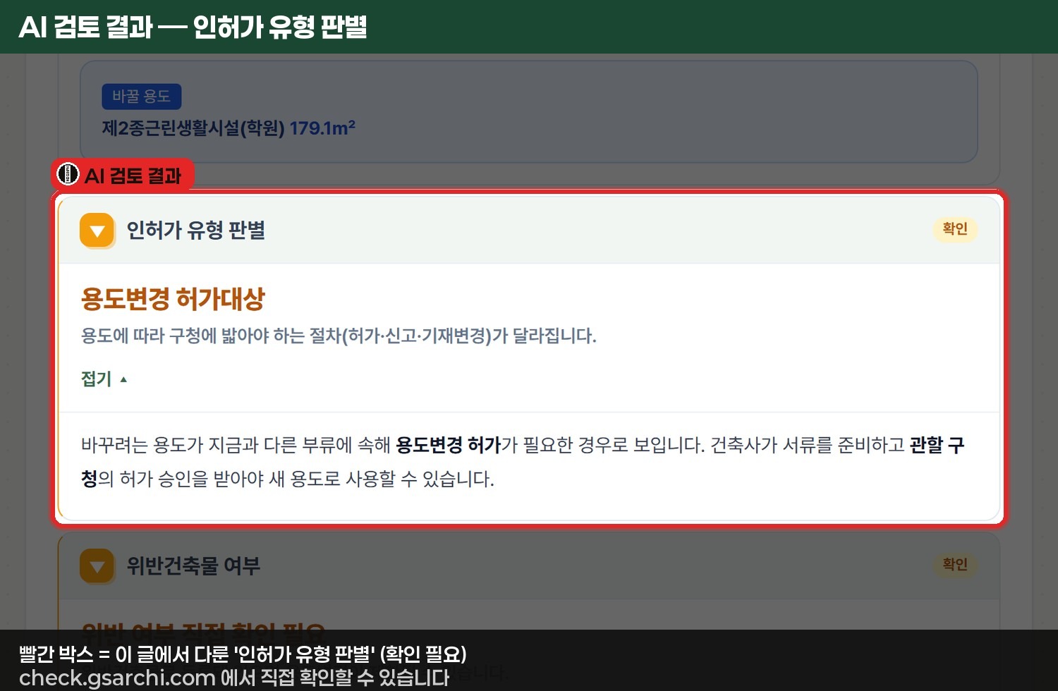 용도변경이란? 뜻과 3가지 절차(허가·신고·표시변경) 한눈에 정리 5 check.gsarchi.com의 AI 검토 결과 중 인허가 유형 판별 항목이 용도변경 허가 대상으로 표시된 화면을 빨간 박스로 강조한 모습