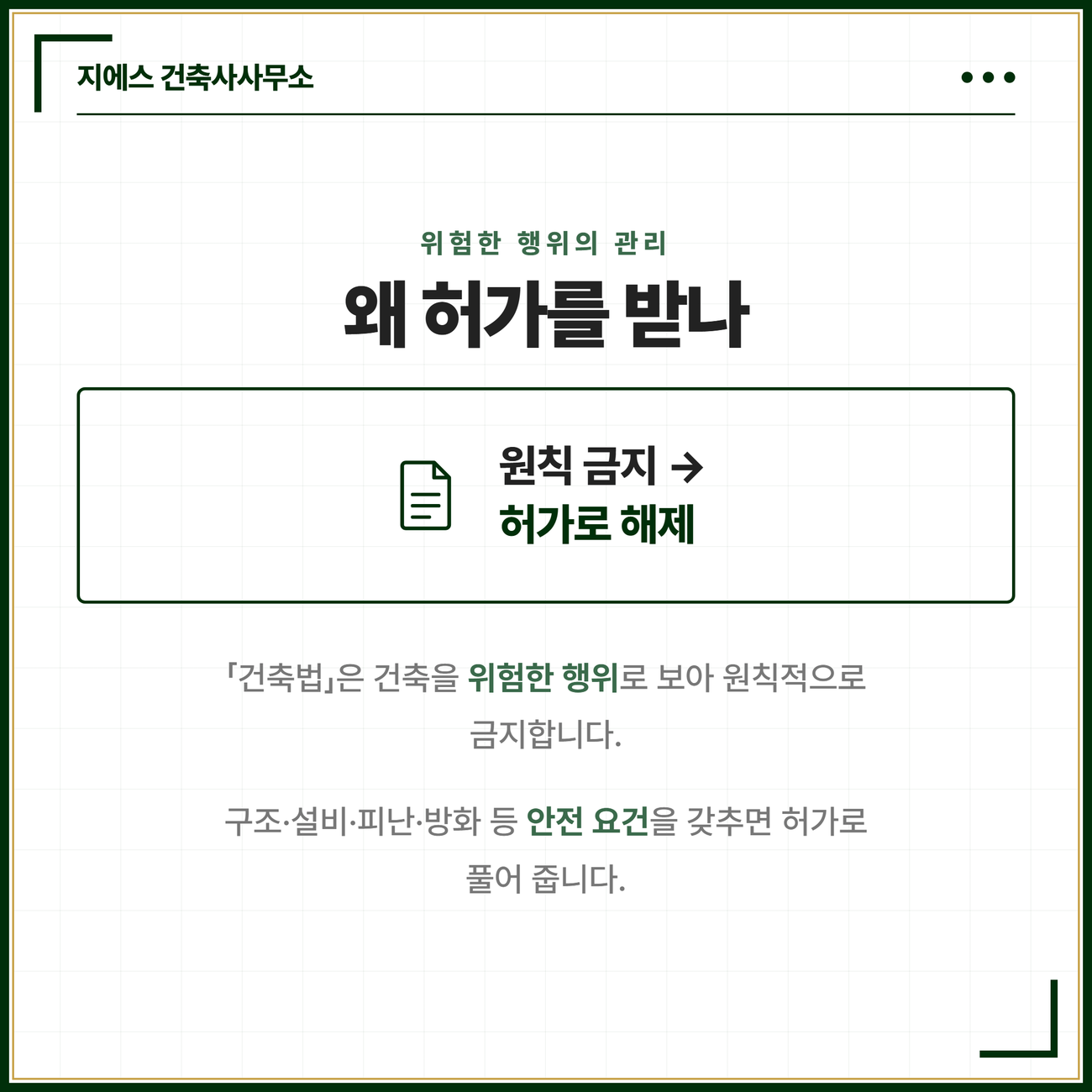 건축법은 건축을 위험한 행위로 보아 원칙적으로 금지해 두고 구조 설비 피난 방화 등 안전 요건을 갖춘 경우에만 건축허가로 그 금지를 풀어 준다는 것을 정리한 카드