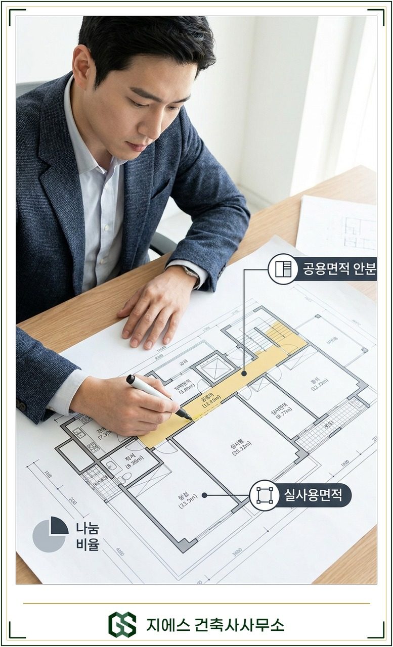 건축사가 구적도 위에서 복도·계단 공용면적을 각 학원에 비례로 안분하며 바닥면적 합산 기준을 검토하는 실사 이미지