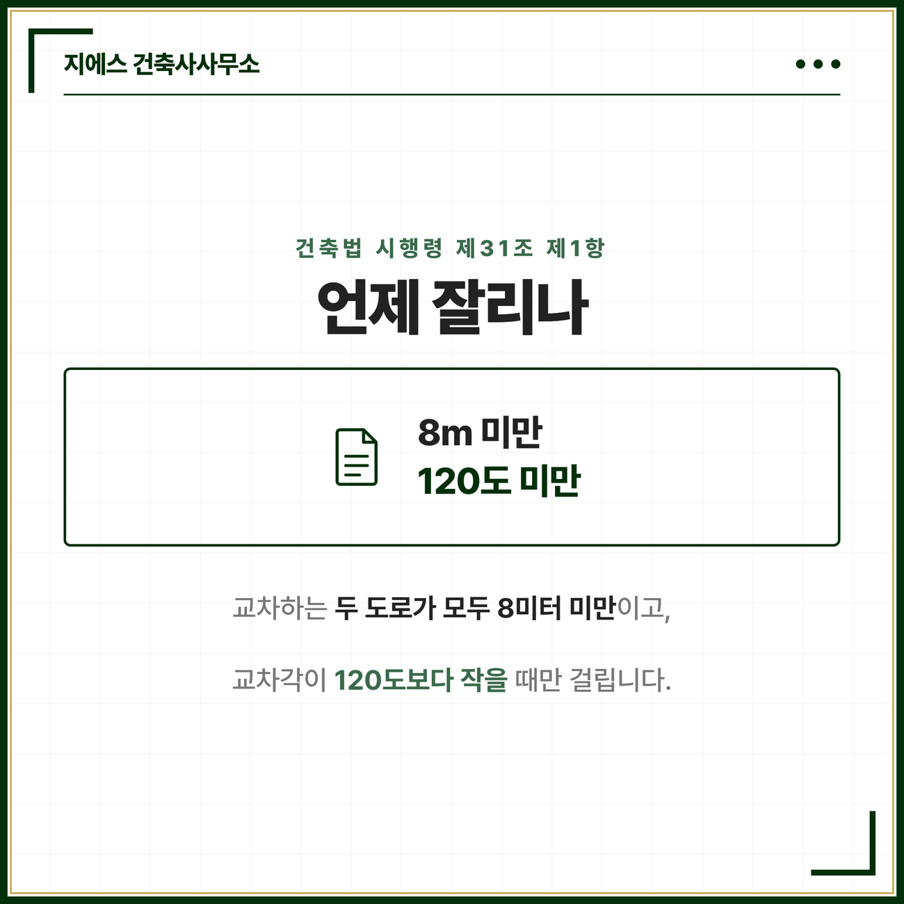 건축법 시행령 제31조 제1항에 따라 교차하는 두 도로가 모두 너비 8미터 미만이고 교차각이 120도보다 작을 때만 가각전제가 걸린다는 카드