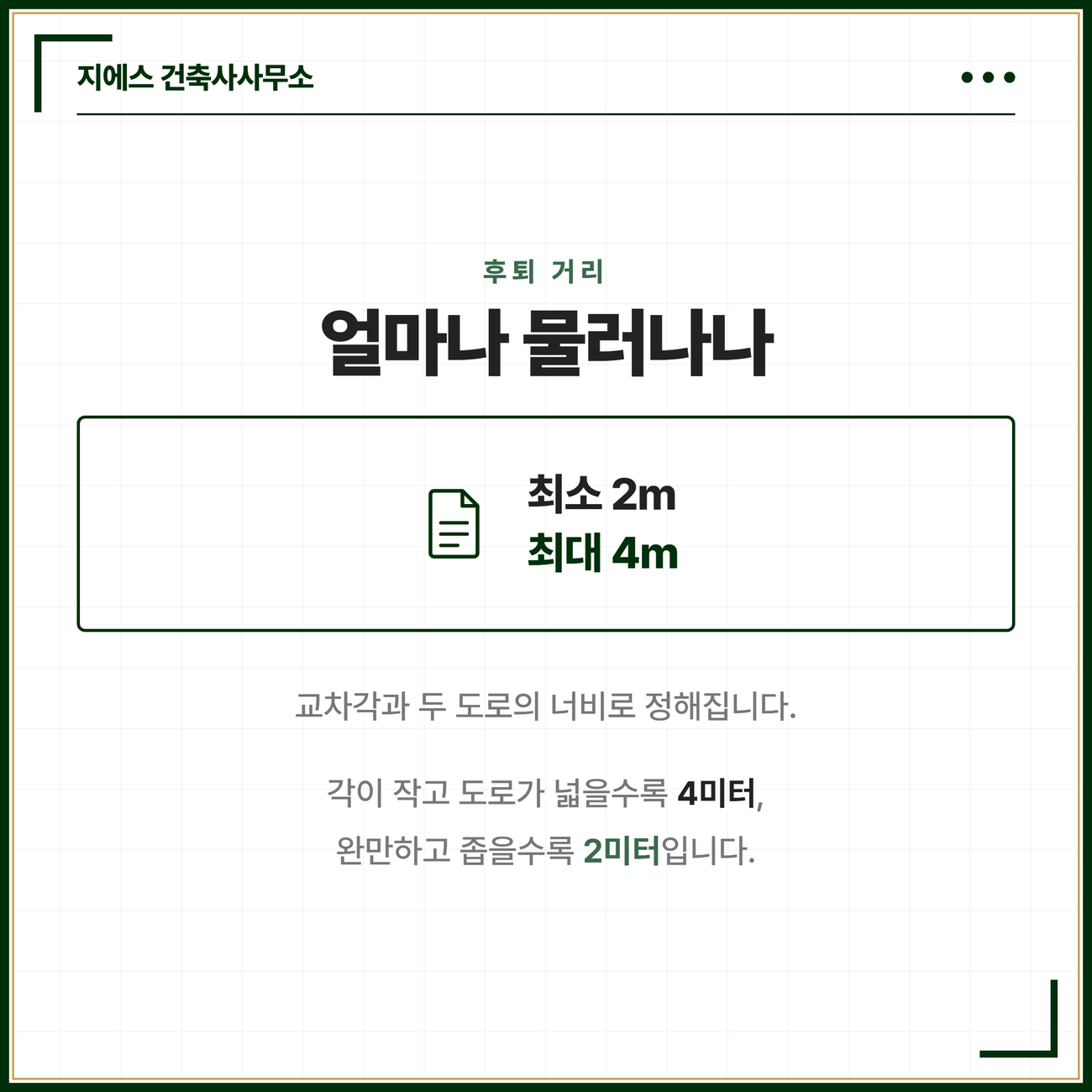 후퇴 거리는 교차각과 두 도로의 너비로 정해지며 각이 작고 도로가 넓을수록 최대 4미터 각이 완만하고 좁을수록 최소 2미터라는 카드