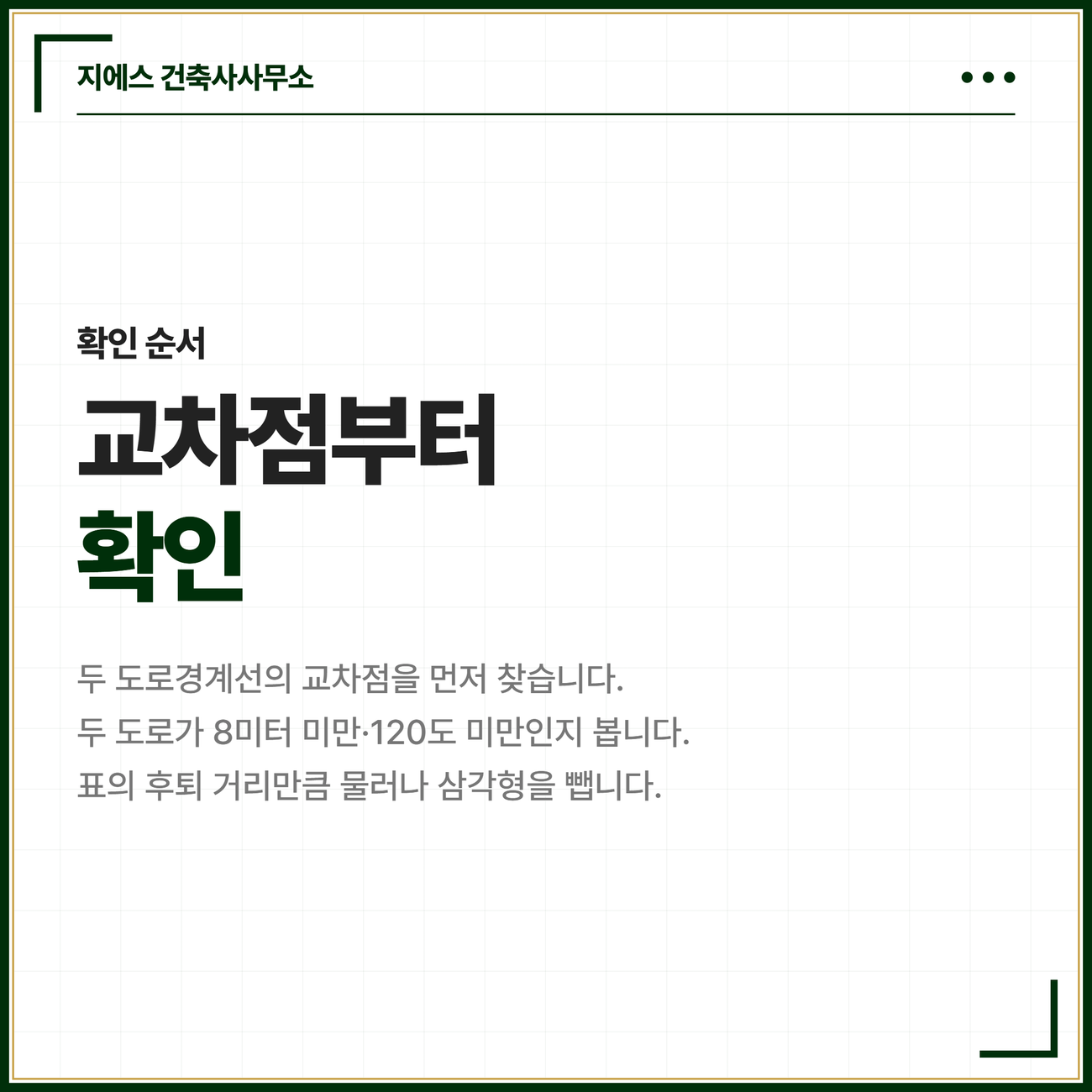 두 도로경계선의 교차점을 먼저 찾고 두 도로가 8미터 미만이며 교차각이 120도 미만인지 확인한 뒤 표의 후퇴 거리만큼 물러나 삼각형을 대지면적에서 뺀다는 마무리 카드