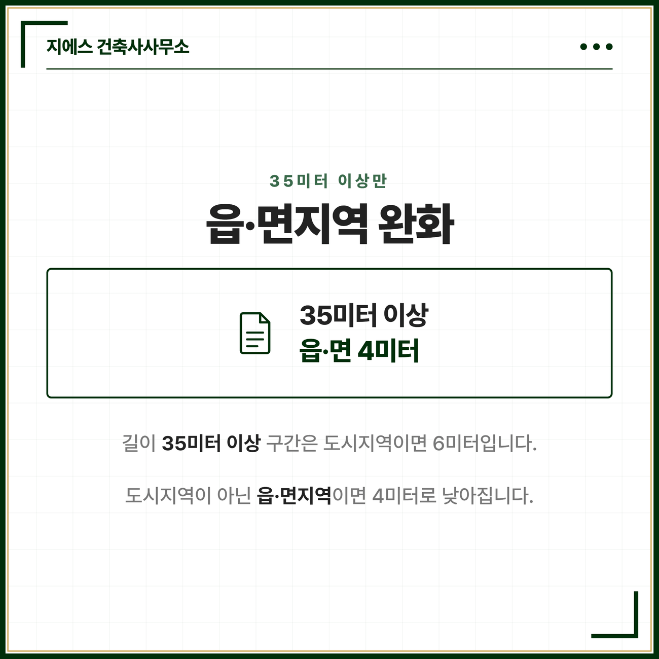 막다른 도로 너비 기준 - 건축법 길이별 2미터 3미터 6미터 완화 6 읍·면지역 완화가 적용되는 조건을 정리한 카드. 지역에 따른 완화는 길이 35미터 이상 구간에만 있으며 도시지역이면 6미터, 도시지역이 아닌 읍·면지역이면 4미터로 낮아진다는 점을 정리한 카드