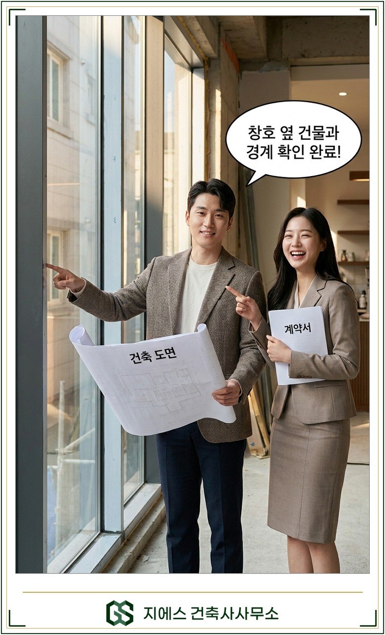 방화창 설치기준, 용도변경 표시변경 시 3가지 조건 8 건축사와 의뢰인이 방화창 설치 대상 외벽 창호를 현장에서 함께 확인하는 모습