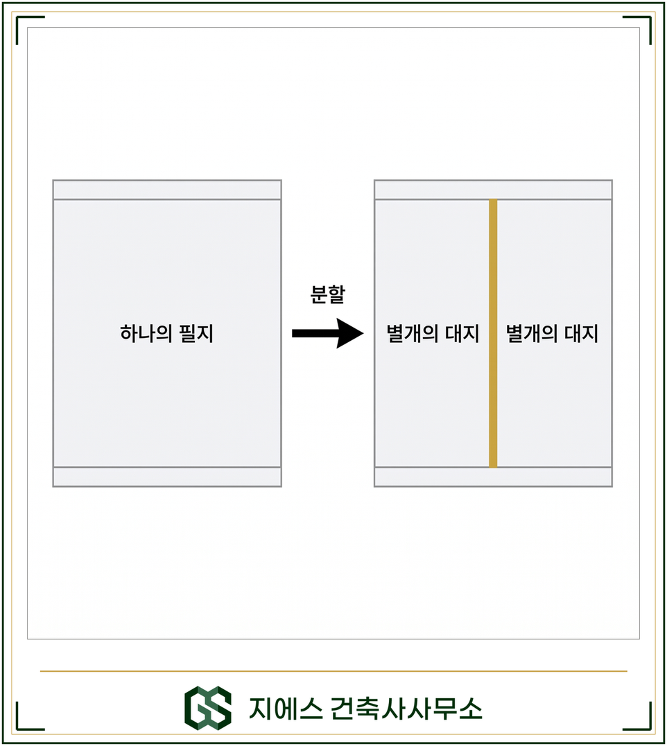 하나의 필지가 분할되어 각각 별개의 대지가 되는 개념도. 왼쪽 하나의 필지가 분할을 거쳐 오른쪽에서 골드색 분할선을 경계로 두 개의 별개의 대지로 나뉘어 대지 범위가 세분되는 모습