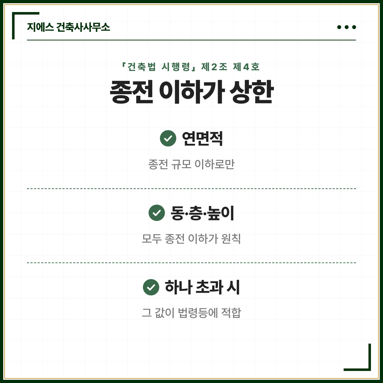 건축물의 재축 뜻 - 재축의 요건 2가지 정리 4 재축은 종전 이하 규모로만 되짓되 연면적은 종전 규모 이하, 동수·층수·높이도 종전 이하가 원칙이며 하나가 넘으면 법령등에 적합해야 함을 정리한 카드