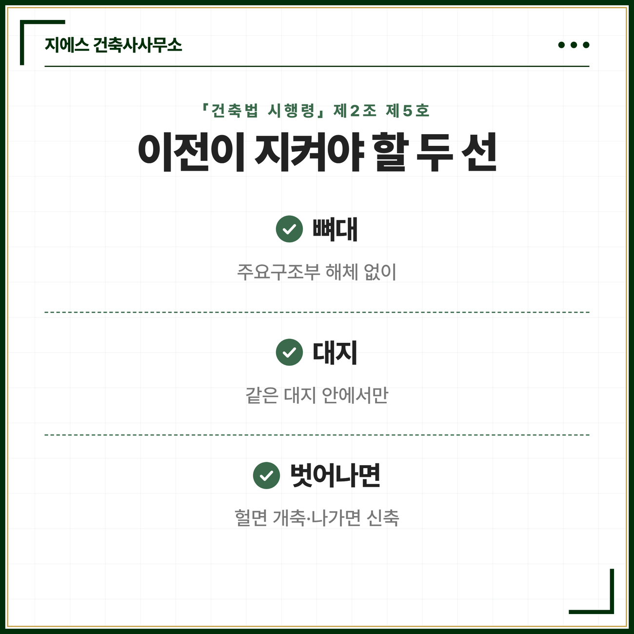 건축물 이전 뜻 - 주요구조부 해체 없이 같은 대지 이동, 성립 2가지 조건 4 이전은 주요구조부를 해체하지 않고 같은 대지 안에서 옮기는 것이며 이 두 조건 가운데 뼈대를 헐면 개축으로 대지를 벗어나면 신축으로 재분류된다는 이전의 두 경계선을 정리한 카드
