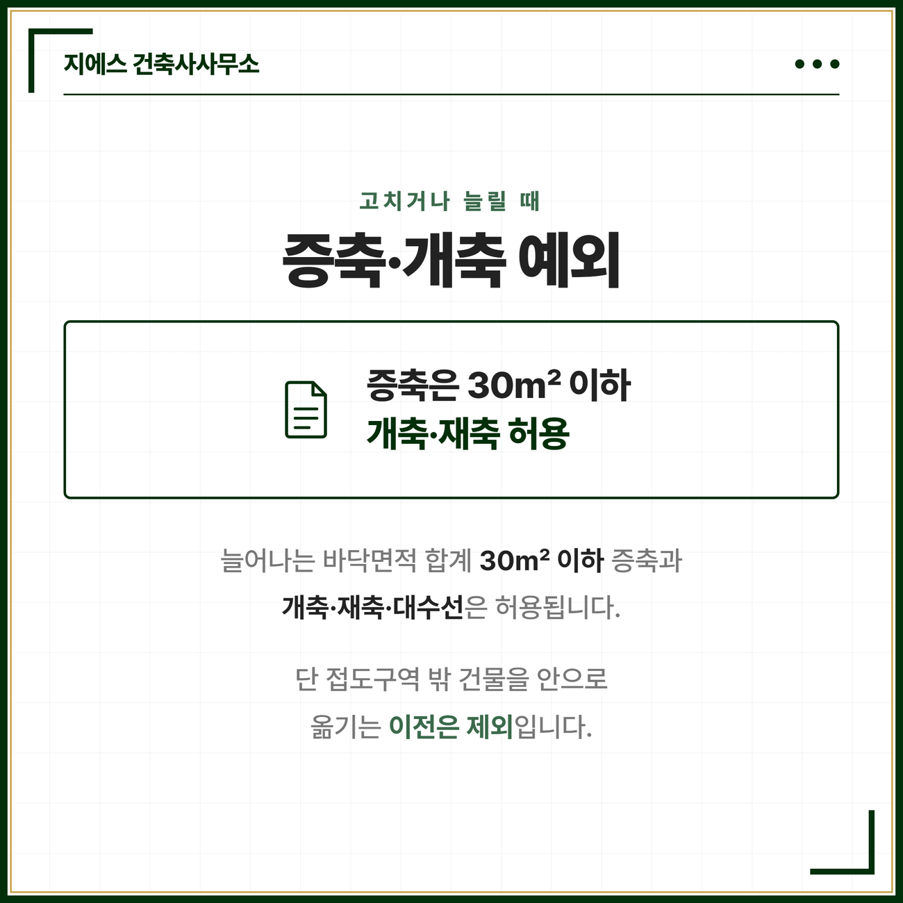 기존 건물을 고치거나 늘릴 때의 허용 범위를 정리한 카드. 늘어나는 바닥면적 합계 30제곱미터 이하 증축과 건축물의 개축·재축·대수선은 허용되지만 접도구역 밖의 건물을 안으로 옮겨 오는 이전은 제외된다는 점을 정리한 카드