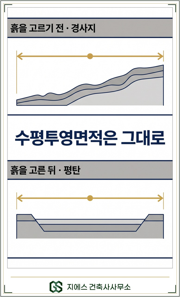 수평투영면적 뜻 - 대지면적 산정기준, 경사지 절토 성토 고저차 6 흙을 깎거나 덮어 지형이 달라져도 위에서 본 수평투영면적은 그대로임을 위아래로 비교한 도해