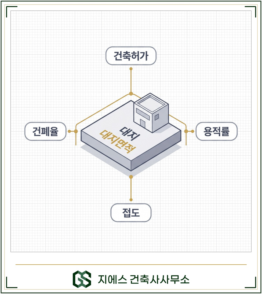 1필지 1대지 원칙에 따라 대지가 건축허가·건폐율·용적률·접도 판단의 단위이며 대지면적이 그 산정 기준이 됨을 보여주는 개념도로 중앙의 대지에서 건축허가 건폐율 용적률 접도로 지시선이 뻗어 대지가 판단의 중심 단위임을 나타내고 대지면적을 강조한 도식
