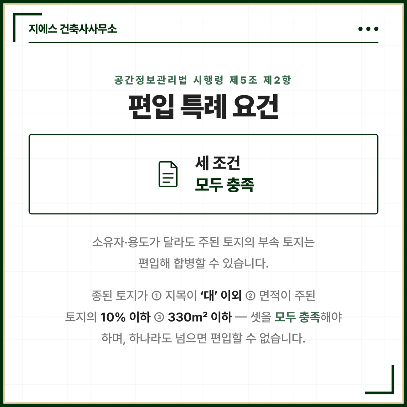 편입 특례의 요건을 정리한 카드. 공간정보관리법 시행령 제5조 제2항에 따라 소유자와 용도가 달라도 주된 토지의 부속 토지는 편입해 합병할 수 있는데 종된 토지의 지목이 대 이외이고 면적이 주된 토지 면적의 10퍼센트 이하이며 330제곱미터 이하인 세 조건을 모두 충족해야 하고 하나라도 넘으면 편입할 수 없다는 점을 정리한 카드