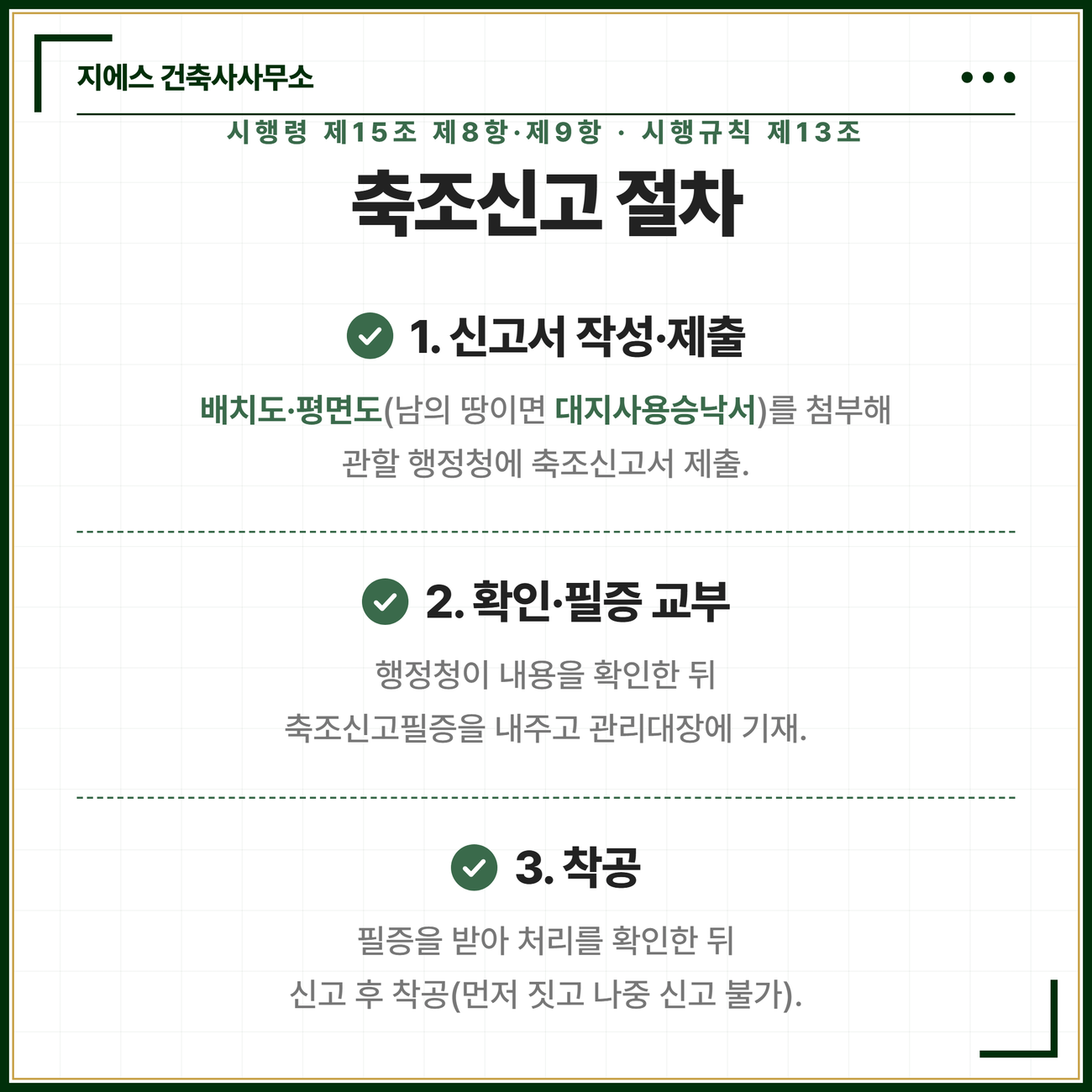 가설건축물 축조신고 절차는 축조신고서에 배치도 평면도 대지사용승낙서를 첨부해 관할 행정청에 제출하면 행정청이 내용을 확인해 축조신고필증을 교부하고 관리대장에 기재하며 신고 후 착공한다는 순서를 정리한 카드