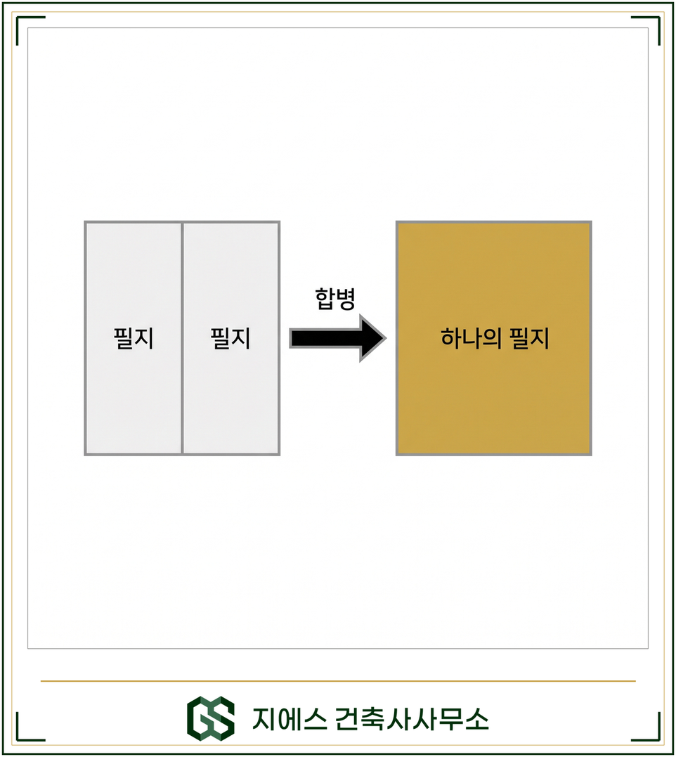 나란히 붙어 있는 두 필지가 합병을 거쳐 하나의 필지로 합쳐져 대지 범위가 넓어지는 과정을 나타낸 개념도