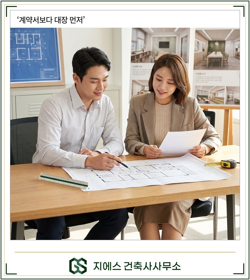 학원 유해업소 31개 항목과 설립 가능 기준 2 건축사와 예비 학원 원장이 책상에 건축물대장 출력물과 평면도를 나란히 펼쳐 놓고 학원 자리를 함께 검토하는 모습